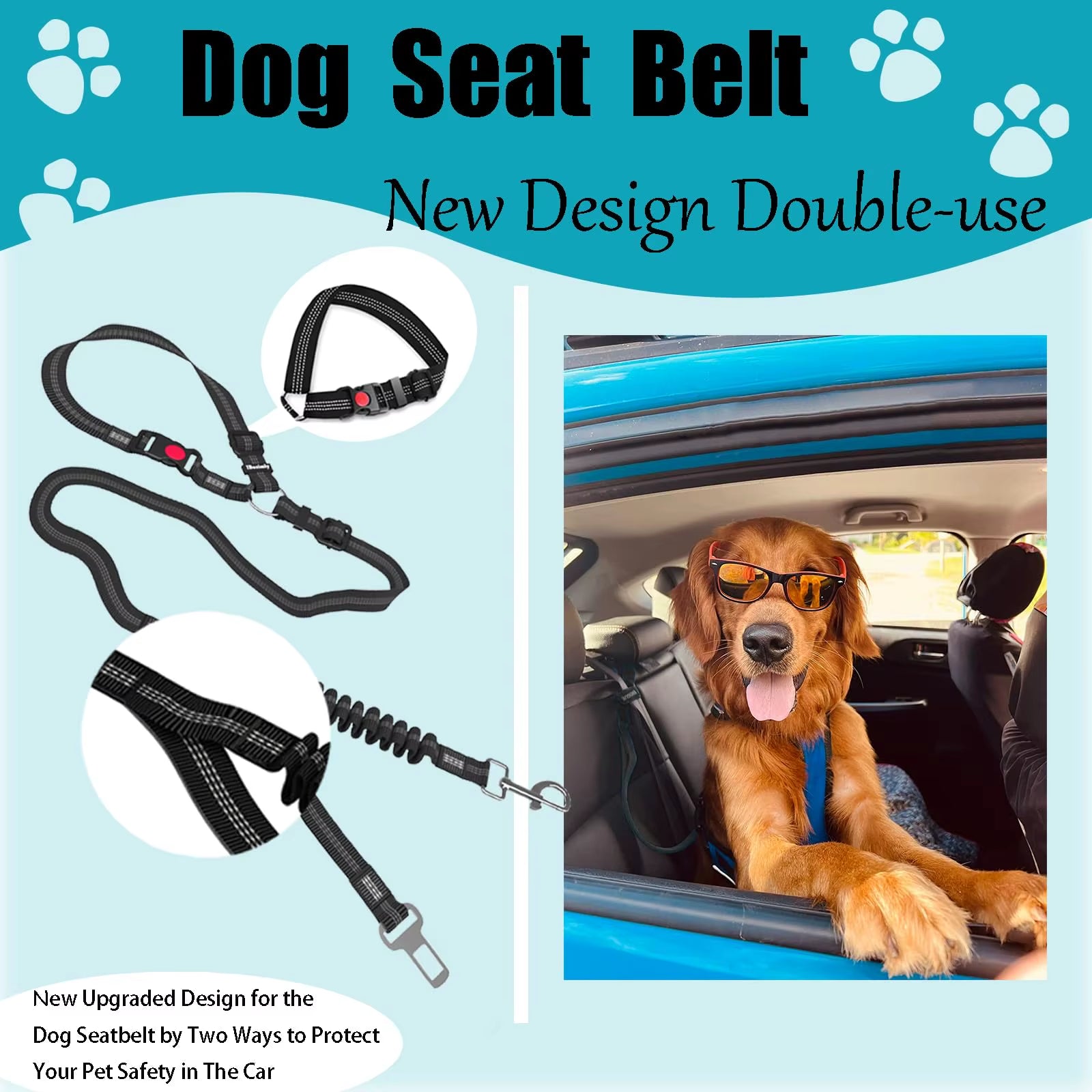 Dog Seat Belt - Enhanced Dual-Use Vehicle Headrest Attachment and Adjustable Bungee Leash for Pets