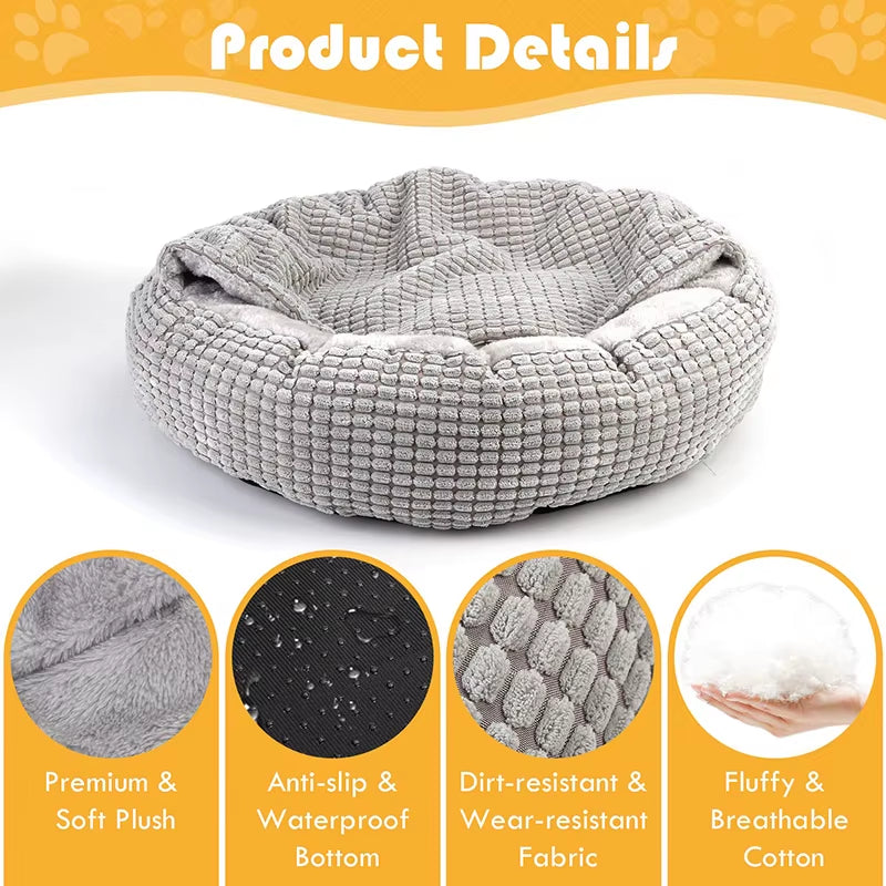 Orthopedic Hooded Fluffy Round Dog Bed - Calming Washable Pet Cuddler with Non-Slip Base for Puppies and Cats